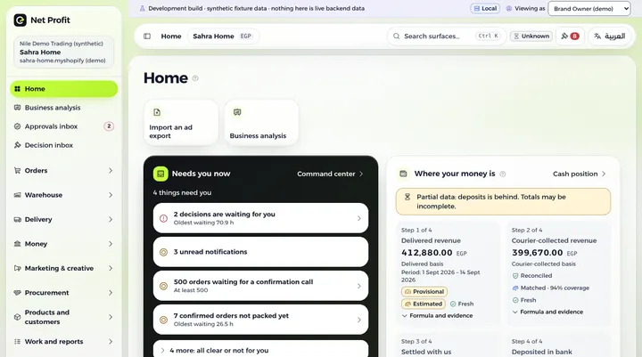 The home screen of Net Profit: what needs you now and where your money is, with demo data